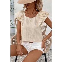 Beige Textured Bow Knot Frilled Butterfly Sleeve Blouse - XL thumbnail