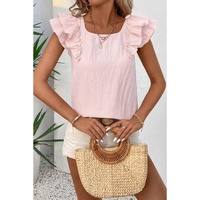 Gossamer Pink Textured Bow Knot Frilled Butterfly Sleeve Blouse - L thumbnail