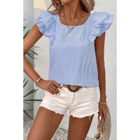 Beau Blue Textured Bow Knot Frilled Butterfly Sleeve Blouse - L thumbnail