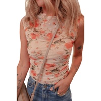 Red Mesh Floral Printed Slim Fit Tank Top - L thumbnail