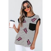 Black Stripe Sequined Lobster Patched Pocket Casual Tank Top - L thumbnail