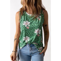Green Crew Neck Floral Leopard Print Tank Top - L thumbnail