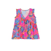 Rose Red Boho Pattern Print Flounce V Neck Tank Top - L thumbnail