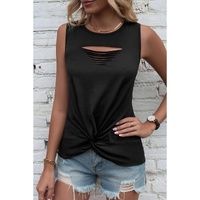 Black Laser Cut Slits Twist Front Tank Top - M thumbnail