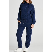 Navy Blue Ribbed Knit Cropped Hoodie and Drawstring Joggers Set - L thumbnail