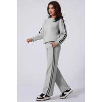 Light Grey Solid Color Side Striped Sweatshirt Active Set - 2XL thumbnail
