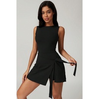 Black Sleeveless Knot Skirt Hem Sports Romper - L thumbnail