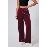 Burgundy Solid Drawstring Waist Wide Leg Pants - S thumbnail