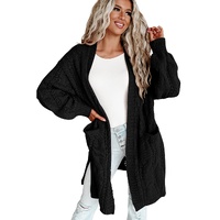 Black Ribbed Trim Eyelet Cable Knit Cardigan - M thumbnail