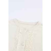Apricot Lace Trim Ribbed Round Neck Button Up Cardigan - L thumbnail