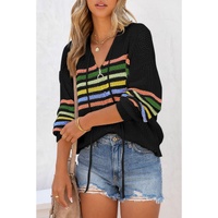 Black Striped Detail Zip Up Hooded Sweater Cardigan - M thumbnail