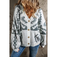 Light Grey Geometric Pattern Ribbed Trim Button-Up Cardigan - L thumbnail
