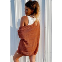 Tomato Red Open Front Textured Knit Cardigan with Pockets - M thumbnail