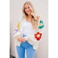 White Flower Jacquared Bubble Sleeve Open Cardigan - L thumbnail