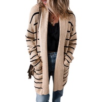 Black Stripe Shawl Neckline Open Cardigan with Pockets - 2XL thumbnail