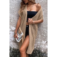 Camel Batwing Sleeve Pointelle Knit Open Front Cardigan - S thumbnail