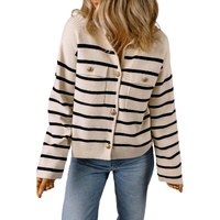 Black Stripe Flap Pocket Buttoned Cardigan Sweater - M thumbnail