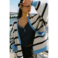 White Colorblock Drop Shoulder Buttoned Loose Cardigan - XL thumbnail