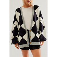 Black Colorblock Drop Shoulder Buttoned Loose Cardigan - 2XL thumbnail