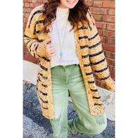 Beige Striped Pom Pom Knit Open Front Long Cardigan - L thumbnail