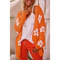 Orange Floral Print Knitted Open Front Loose Cardigan - S thumbnail