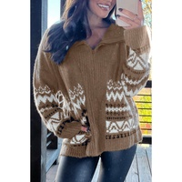 Brown Western Printed Ribbed Trim Collared Zip up Cardigan - L thumbnail
