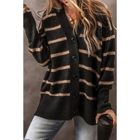 Black Stripe Buttoned V Neck Drop Shoulder Loose Cardigan - 2XL thumbnail