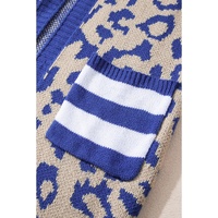 Dark Blue Stripe Sleeve Leopard Print Open Front Cardigan With Pockets - M thumbnail