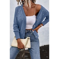 Myosotis Textured Knit Pearl Beaded Button Up Cardigan - L thumbnail