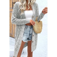 Gray Hollow Out Buttons Front Long Cardigan - L thumbnail