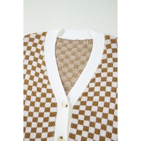 Brown Checkered Striped Patched Buttoned V Neck Cardigan - L thumbnail