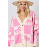 Pink Bowknot Checkered Pattern V Neck Drop Shoulder Button Up Cardigan - L thumbnail