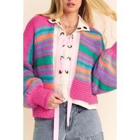 Rose Stripe Colorful Puff Sleeve Drop Shoulder Loose Cardigan - L thumbnail
