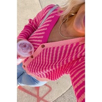 Pink Striped Buttoned V Neck Drop Shoulder Cardigan - L thumbnail