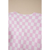 Light Pink Checkered Knitted Lace-up Ruffled 3/4 Sleeve Cardigan - XL thumbnail