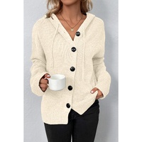 White Drawstring Hooded Button Up Drop Shoulder Sweater Cardigan - S thumbnail