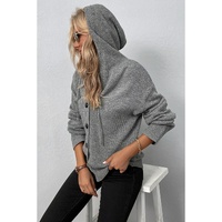 Medium Grey Drawstring Hooded Button Up Drop Shoulder Sweater Cardigan - S thumbnail