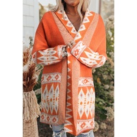 Orange Printed Aztec Print Open Front Knitted Cardigan - L thumbnail