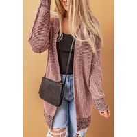 Pink Plaid Knitted Long Open Front Cardigan - L thumbnail