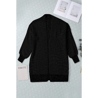 Black Plaid Knitted Long Open Front Cardigan - M thumbnail