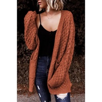 Brown Open Front Woven Texture Knitted Cardigan with Pockets - L thumbnail