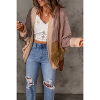 Brown Color Block Loose Open Front Knitted Cardigan - L thumbnail