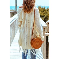 Beige Tasseled Hollow-out Cable Knit Cardigan - One Size thumbnail