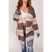 Blue Striped Color Block Hollowed Knit Cardigan - S thumbnail