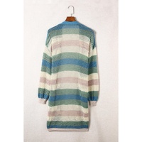 Green Striped Color Block Hollowed Knit Cardigan - M thumbnail