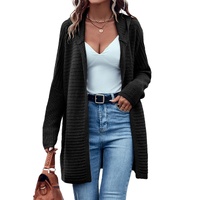 Black Horizontal Rib Knitted Open Front Hooded Cardigan - M thumbnail