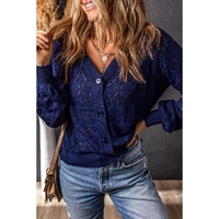 Blue Lightweight Buttoned Front Crochet Cardigan - L thumbnail