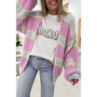 Pink Contrast Striped Open Front Cable Cardigan - L thumbnail