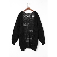 Black Casual Hollowed Knit Dolman Sleeve Cardigan - S thumbnail