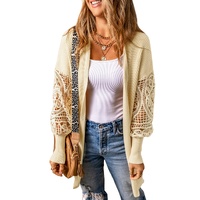 Apricot Crochet Lace Sleeve Ribbed Knit Cardigan - S thumbnail
